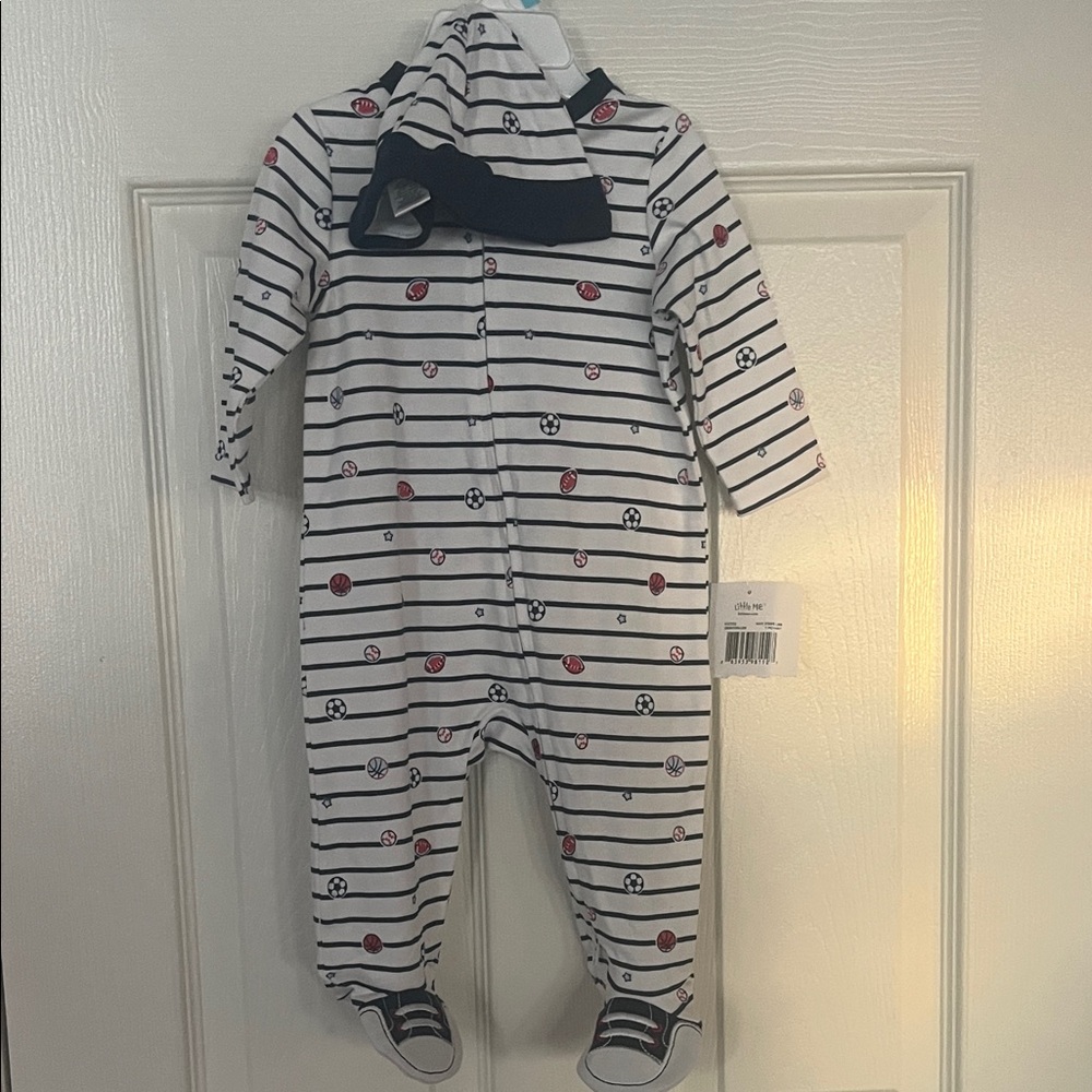 NWT Striped Navy and White Sports Kids One Piece with hat